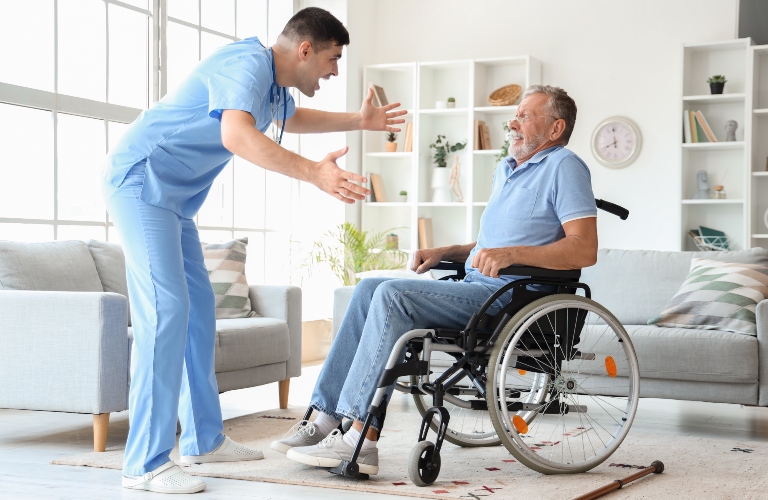 Senior man in wheelchair scared of angry nurse at home