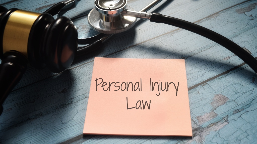 Personal Injury Law wording with stethoscope and gavel