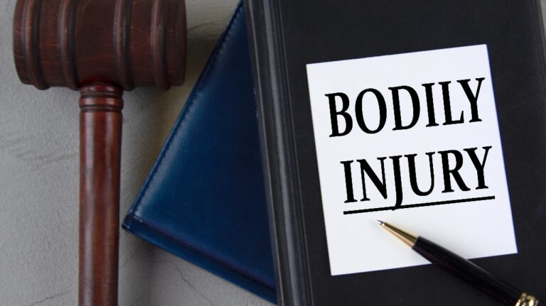 BODILY INJURY - words on a white sheet with leather notebooks